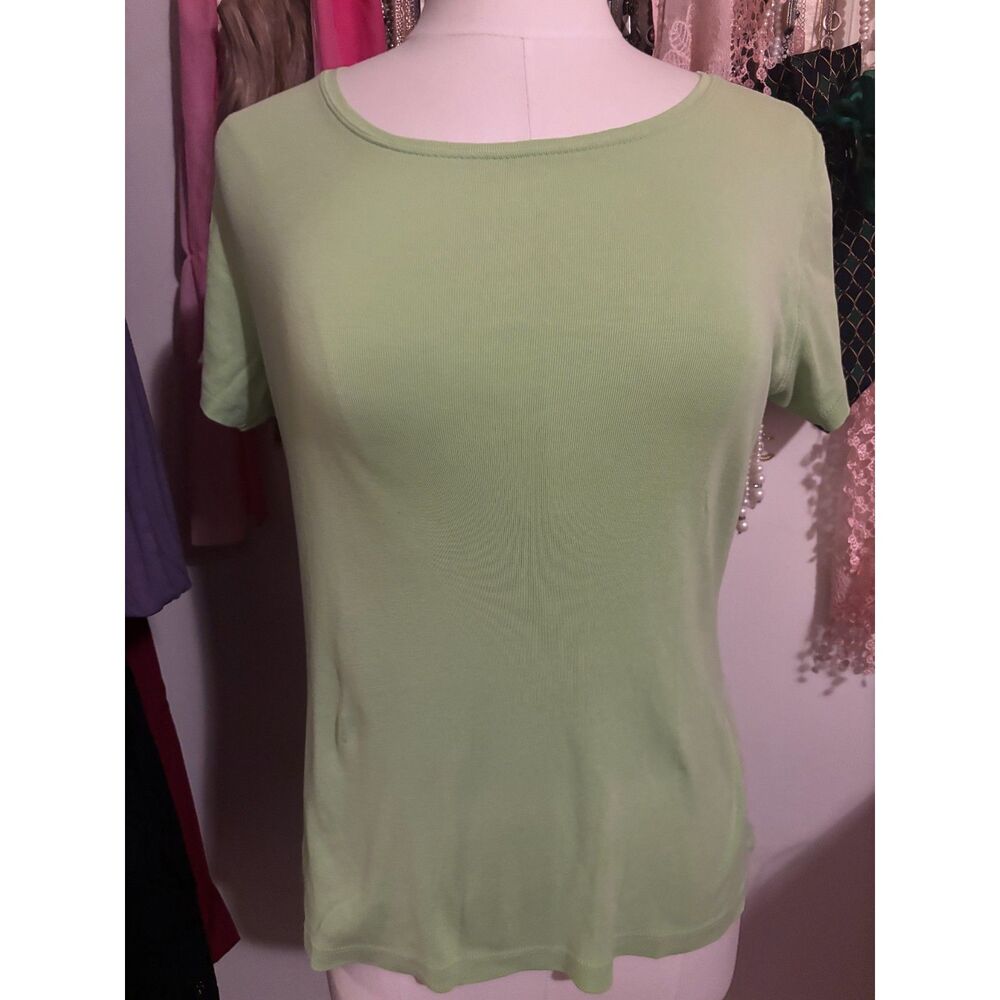 St. John's Bay Women's Lime Sage Green Ribbed Knit Scoop Neck Top PM Petite M